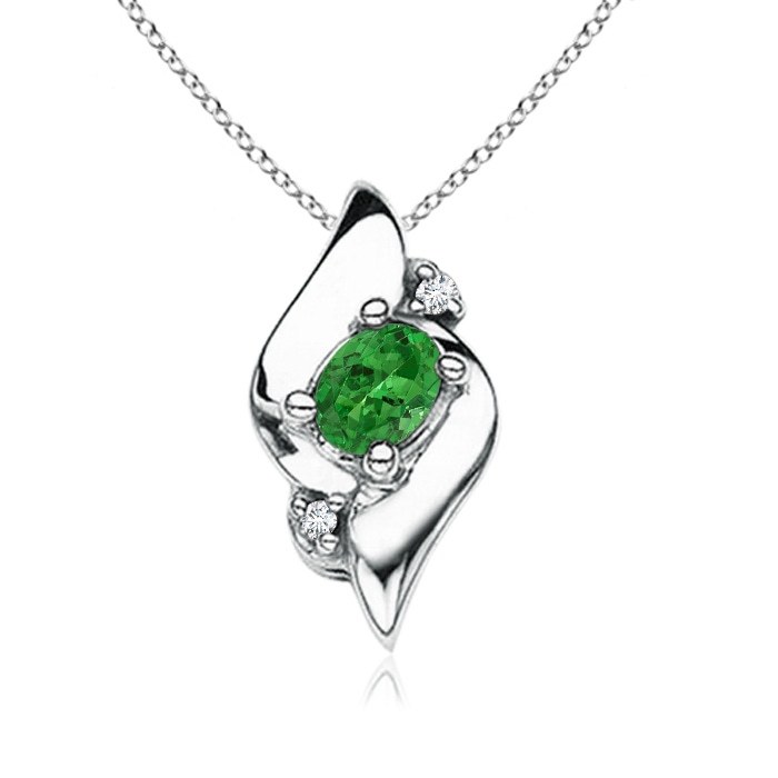 4x3mm AAAA Shell Style Oval Tsavorite and Diamond Pendant in S999 Silver 