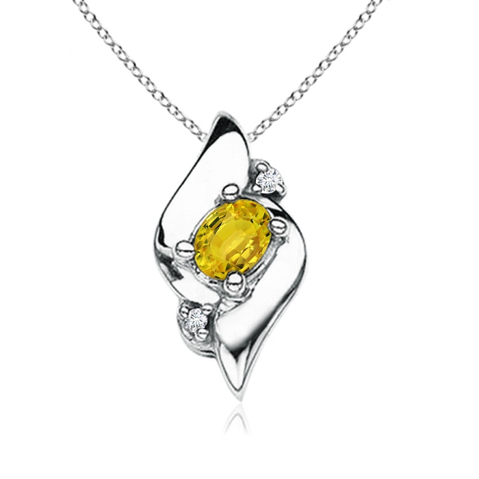 4x3mm AAAA Shell Style Oval Yellow Sapphire and Diamond Pendant in S999 Silver