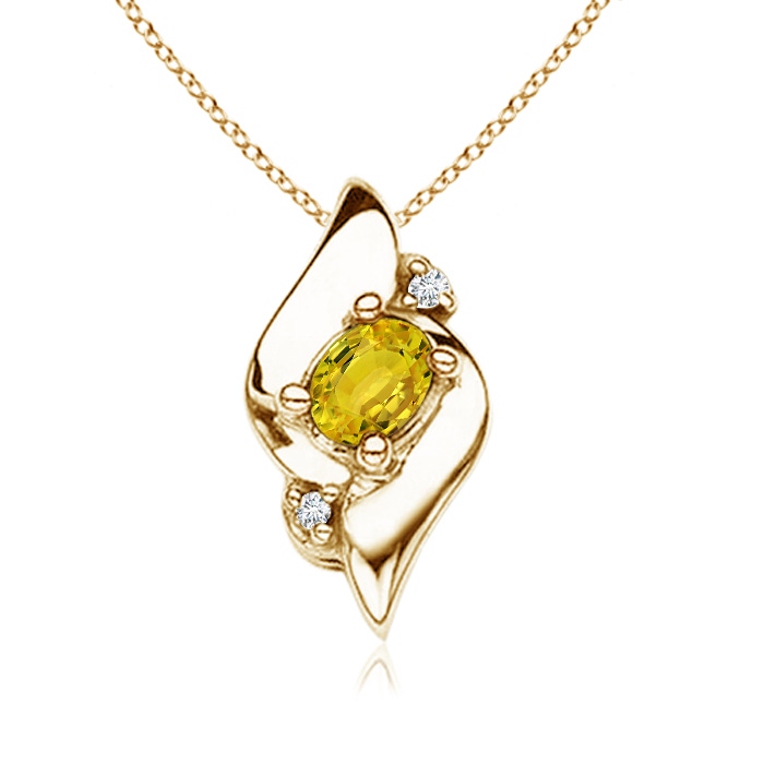4x3mm AAAA Shell Style Oval Yellow Sapphire and Diamond Pendant in Yellow Gold