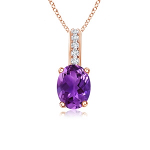 6x4mm AAAA Oval Amethyst Solitaire Pendant with Diamond Bale in Rose Gold