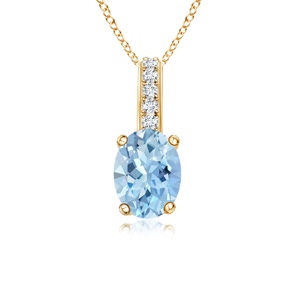 6x4mm AA Oval Aquamarine Solitaire Pendant with Diamond Bale in Yellow Gold 