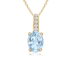 6x4mm AAA Oval Aquamarine Solitaire Pendant with Diamond Bale in Yellow Gold