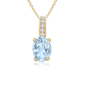 6x4mm AAA Oval Aquamarine Solitaire Pendant with Diamond Bale in Yellow Gold 