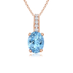 6x4mm AAAA Oval Aquamarine Solitaire Pendant with Diamond Bale in Rose Gold 