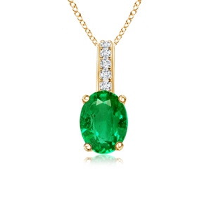 6x4mm AAA Oval Emerald Solitaire Pendant with Diamond Bale in Yellow Gold