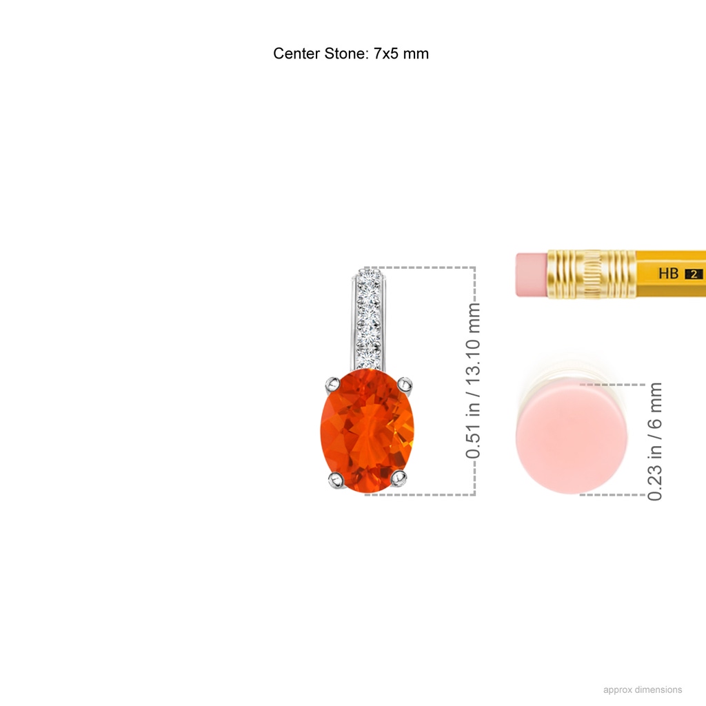 7x5mm AAA Oval Fire Opal Solitaire Pendant with Diamond Bale in White Gold Ruler