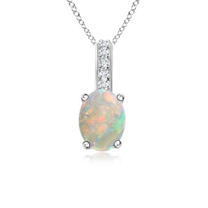 6x4mm AAAA Oval Opal Solitaire Pendant with Diamond Bale in White Gold 