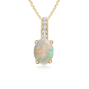 6x4mm AAAA Oval Opal Solitaire Pendant with Diamond Bale in Yellow Gold 