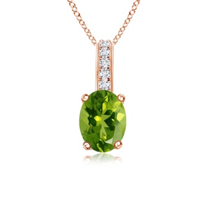 6x4mm AAAA Oval Peridot Solitaire Pendant with Diamond Bale in Rose Gold