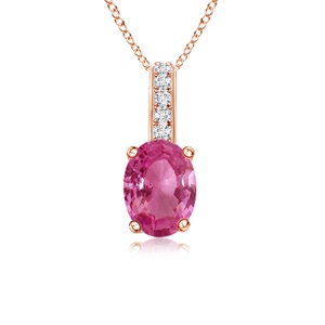 6x4mm AAAA Oval Pink Sapphire Solitaire Pendant with Diamond Bale in Rose Gold