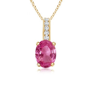 6x4mm AAAA Oval Pink Sapphire Solitaire Pendant with Diamond Bale in Yellow Gold