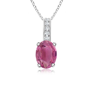 6x4mm AAA Oval Pink Tourmaline Solitaire Pendant with Diamond Bale in White Gold