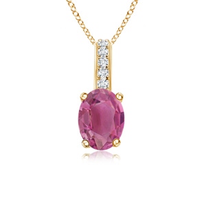 6x4mm AAA Oval Pink Tourmaline Solitaire Pendant with Diamond Bale in Yellow Gold
