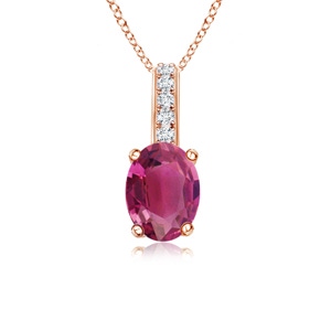 6x4mm AAAA Oval Pink Tourmaline Solitaire Pendant with Diamond Bale in Rose Gold