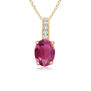 6x4mm AAAA Oval Pink Tourmaline Solitaire Pendant with Diamond Bale in Yellow Gold
