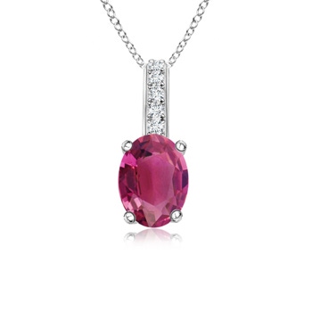 7x5mm AAAA Oval Pink Tourmaline Solitaire Pendant with Diamond Bale in White Gold