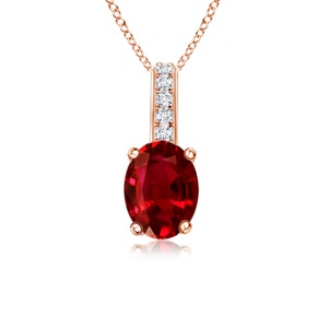 6x4mm AAAA Oval Ruby Solitaire Pendant with Diamond Bale in Rose Gold 