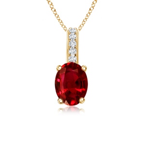 6x4mm AAAA Oval Ruby Solitaire Pendant with Diamond Bale in Yellow Gold