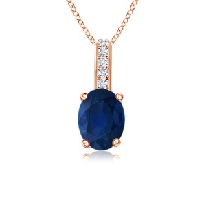 6x4mm AA Oval Blue Sapphire Solitaire Pendant with Diamond Bale in Rose Gold