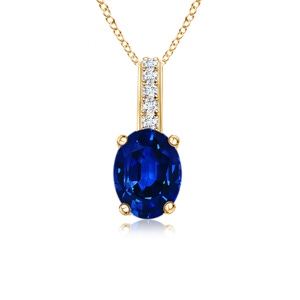 6x4mm AAAA Oval Blue Sapphire Solitaire Pendant with Diamond Bale in 9K Yellow Gold