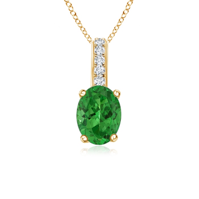6x4mm AAAA Oval Tsavorite Solitaire Pendant with Diamond Bale in 18K Yellow Gold 