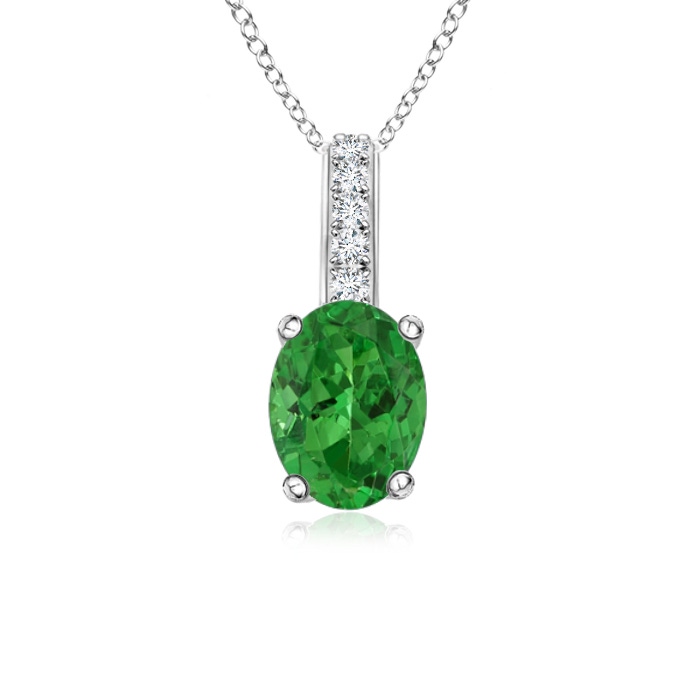 6x4mm AAAA Oval Tsavorite Solitaire Pendant with Diamond Bale in P950 Platinum