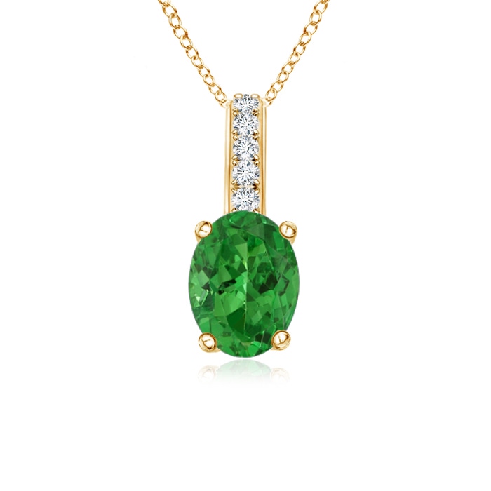 6x4mm AAAA Oval Tsavorite Solitaire Pendant with Diamond Bale in Yellow Gold