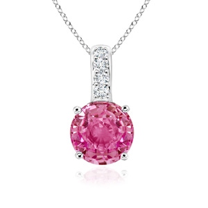 5mm AAA Solitaire Round Pink Sapphire Pendant with Diamond Bale in White Gold