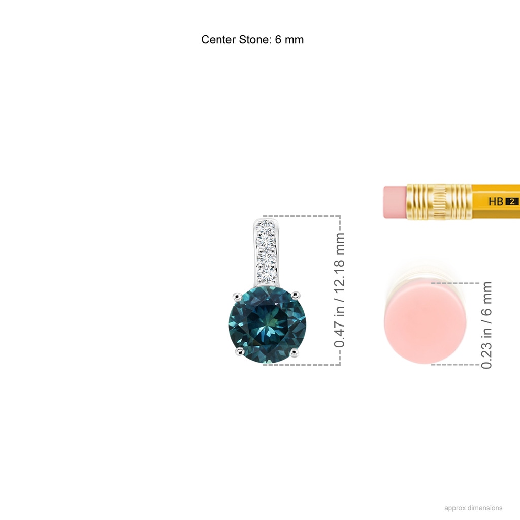 6mm AAA Solitaire Round Teal Montana Sapphire Pendant with Diamond Bale in White Gold Ruler