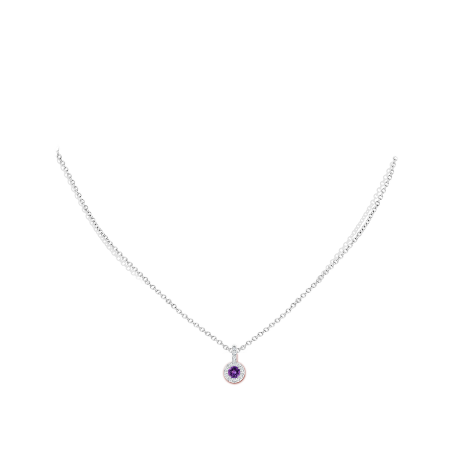 4mm AAAA Amethyst Pendant with Bar-Set Diamond Halo in White Gold body-neck