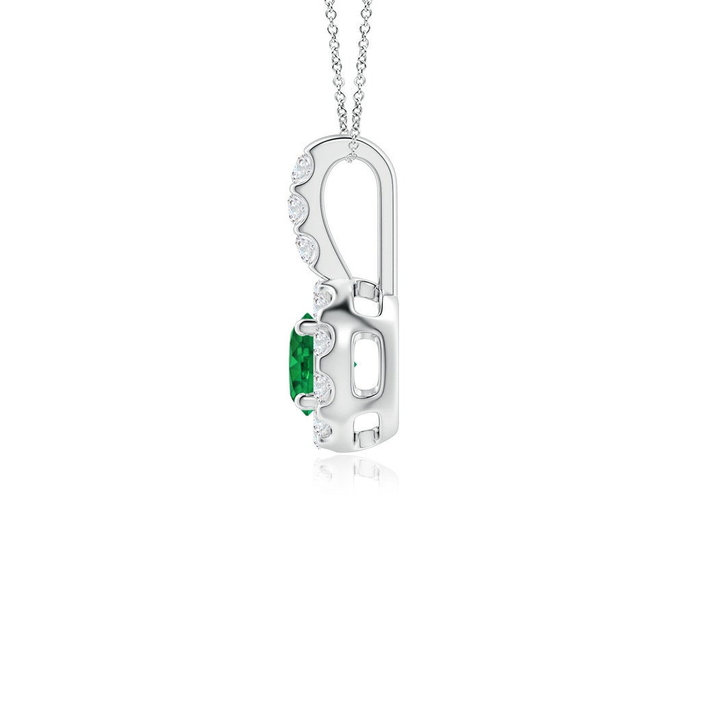 4mm AAA Emerald Pendant with Bar-Set Diamond Halo in White Gold Side 1