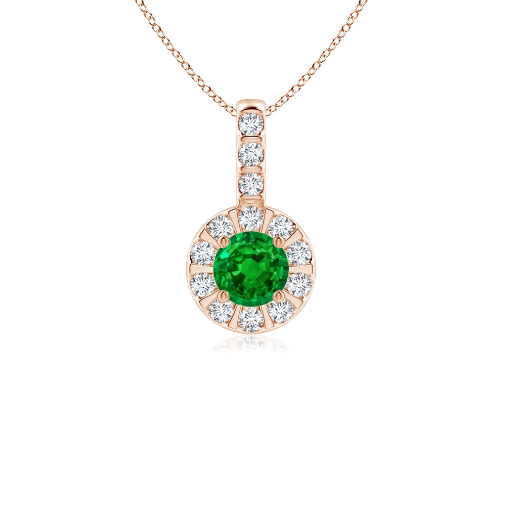 4mm AAAA Emerald Pendant with Bar-Set Diamond Halo in Rose Gold