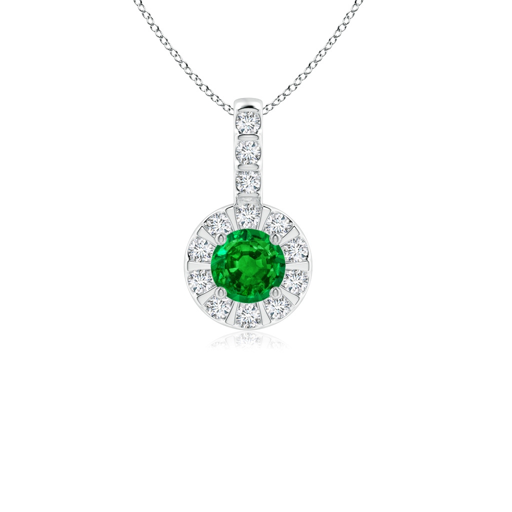 4mm AAAA Emerald Pendant with Bar-Set Diamond Halo in White Gold