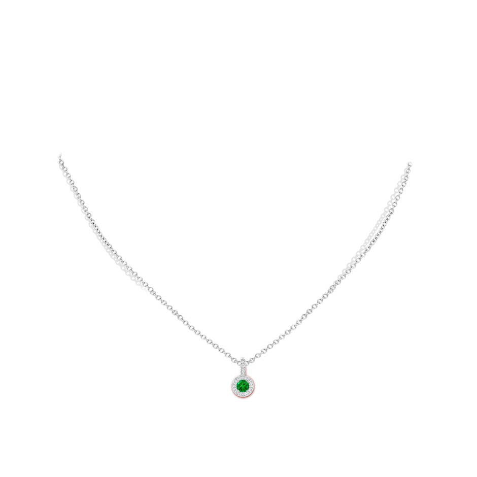 4mm AAAA Emerald Pendant with Bar-Set Diamond Halo in White Gold body-neck