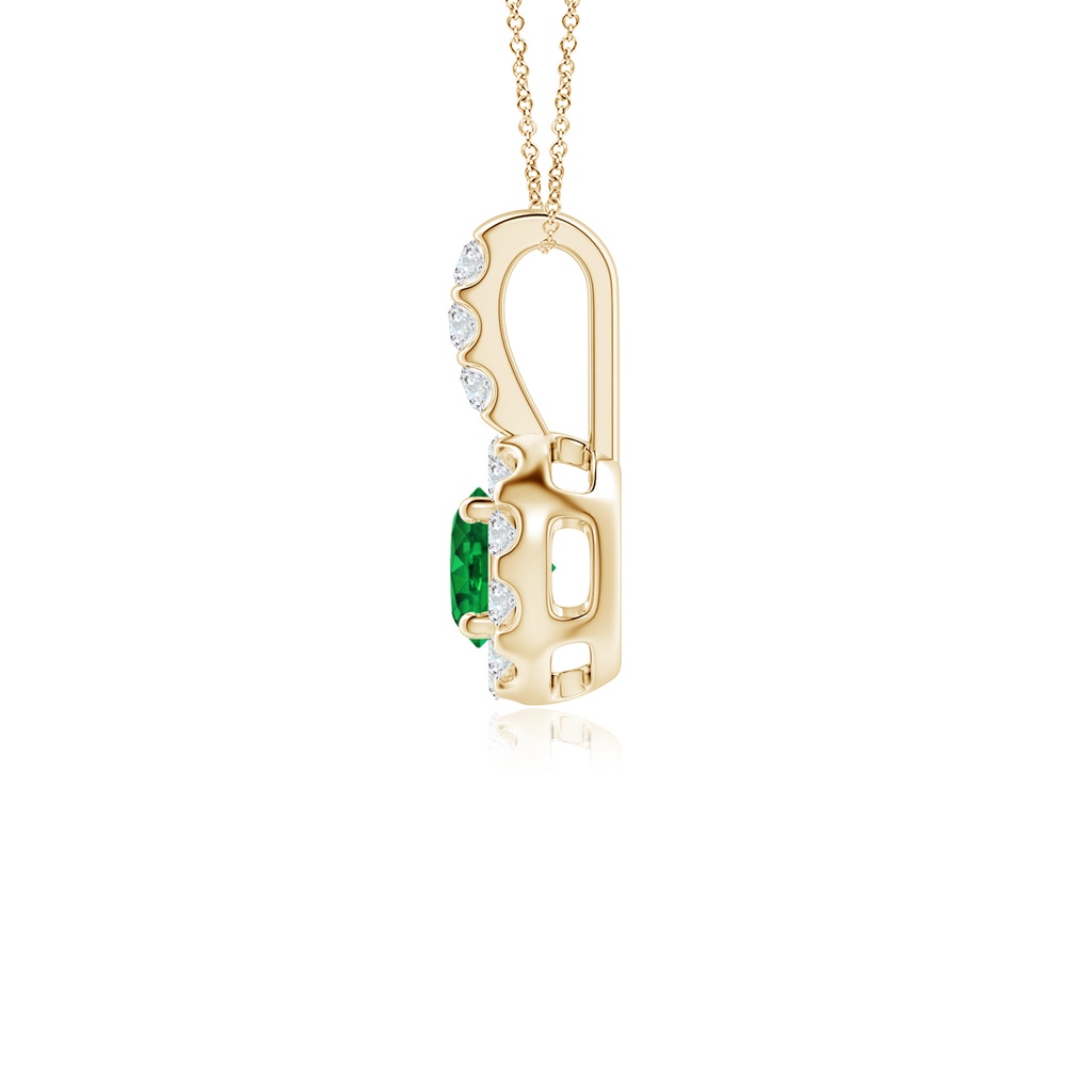 4mm AAAA Emerald Pendant with Bar-Set Diamond Halo in Yellow Gold Side 1