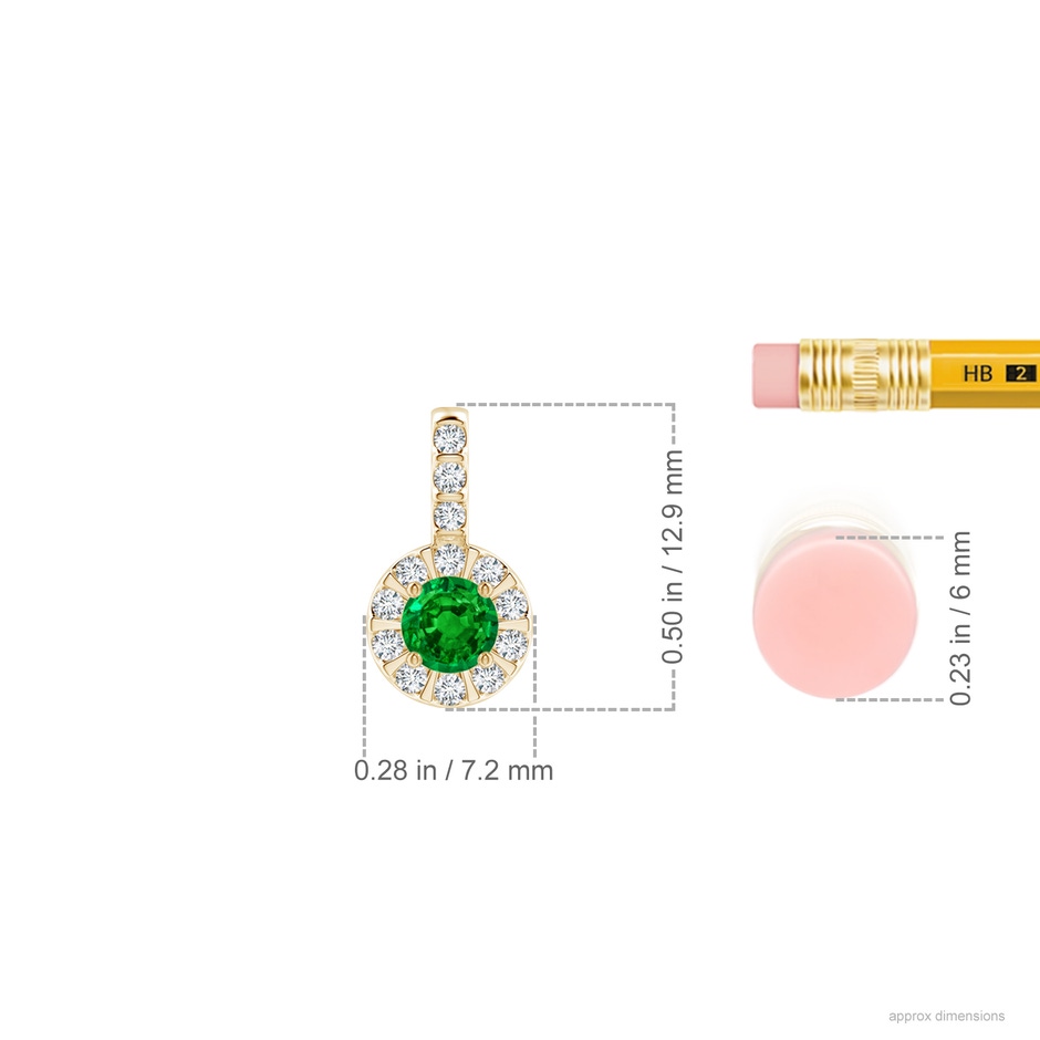4mm AAAA Emerald Pendant with Bar-Set Diamond Halo in Yellow Gold ruler