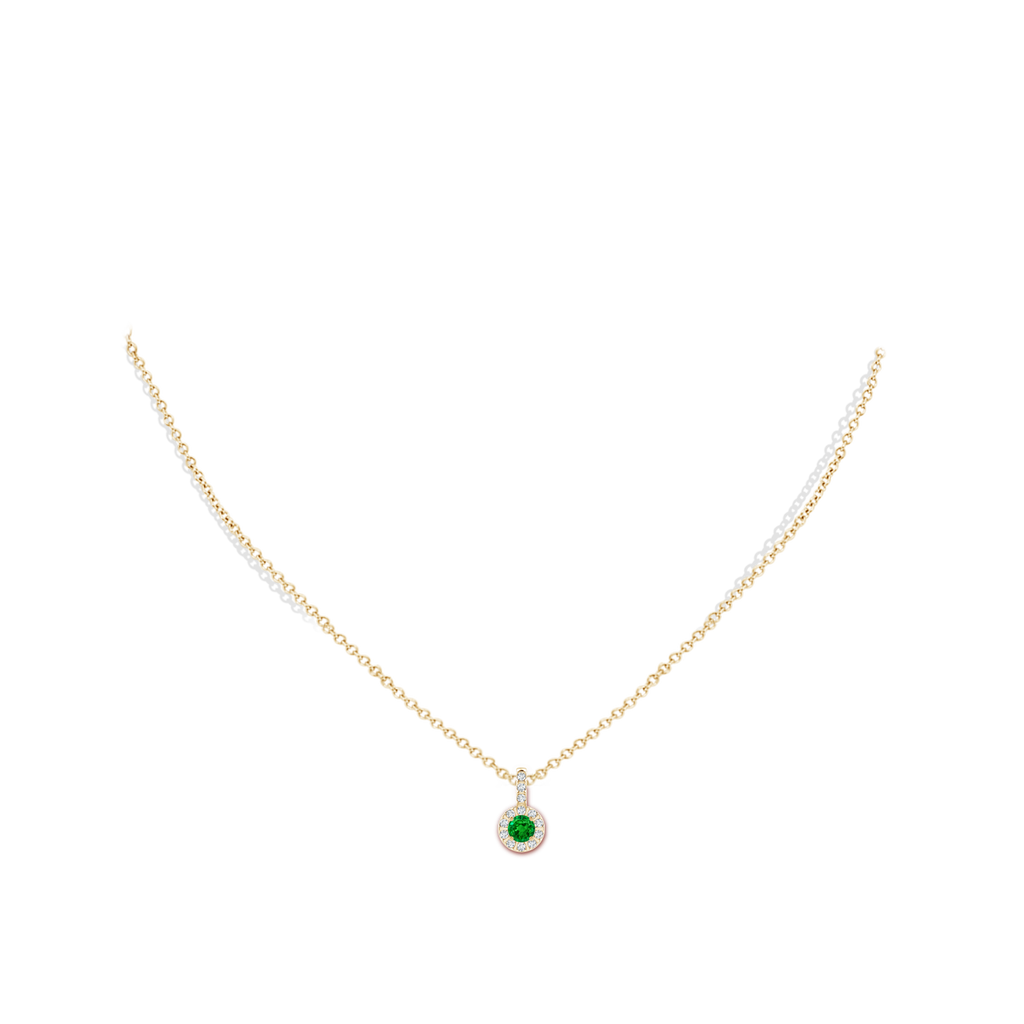 4mm AAAA Emerald Pendant with Bar-Set Diamond Halo in Yellow Gold Body-Neck