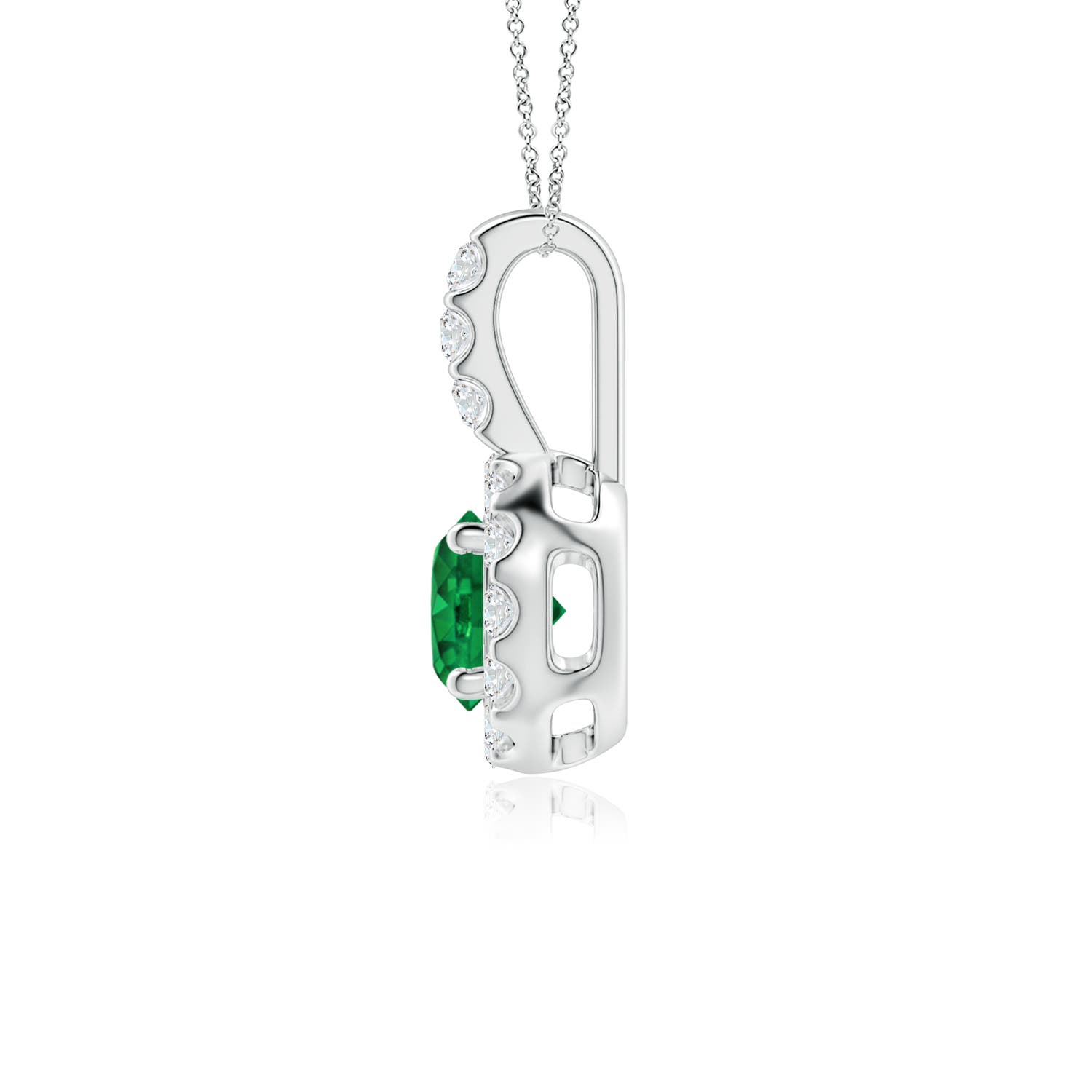 5mm AAA Emerald Pendant with Bar-Set Diamond Halo in White Gold