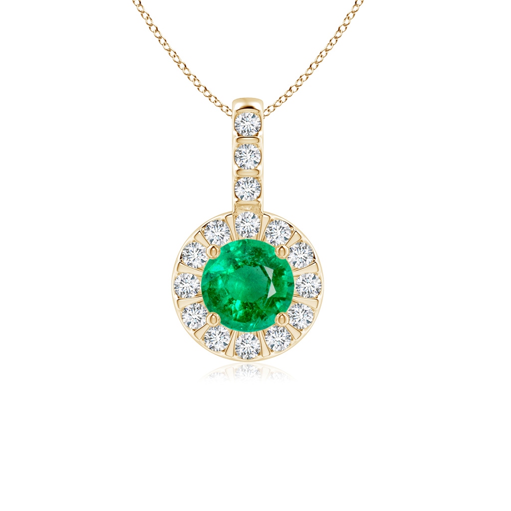 5mm AAA Emerald Pendant with Bar-Set Diamond Halo in Yellow Gold