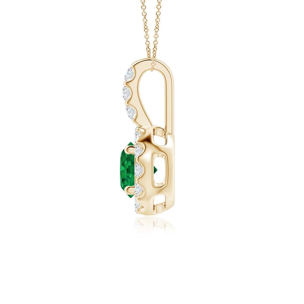 5mm AAA Emerald Pendant with Bar-Set Diamond Halo in Yellow Gold Side 1