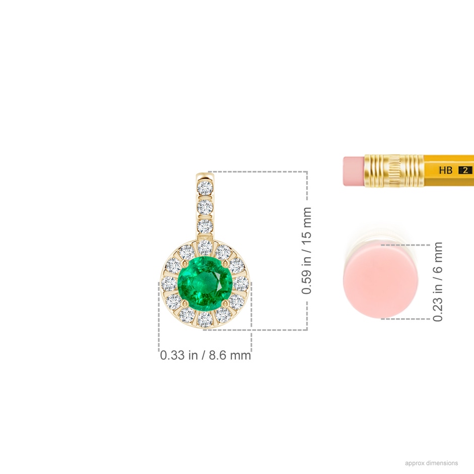 5mm AAA Emerald Pendant with Bar-Set Diamond Halo in Yellow Gold ruler