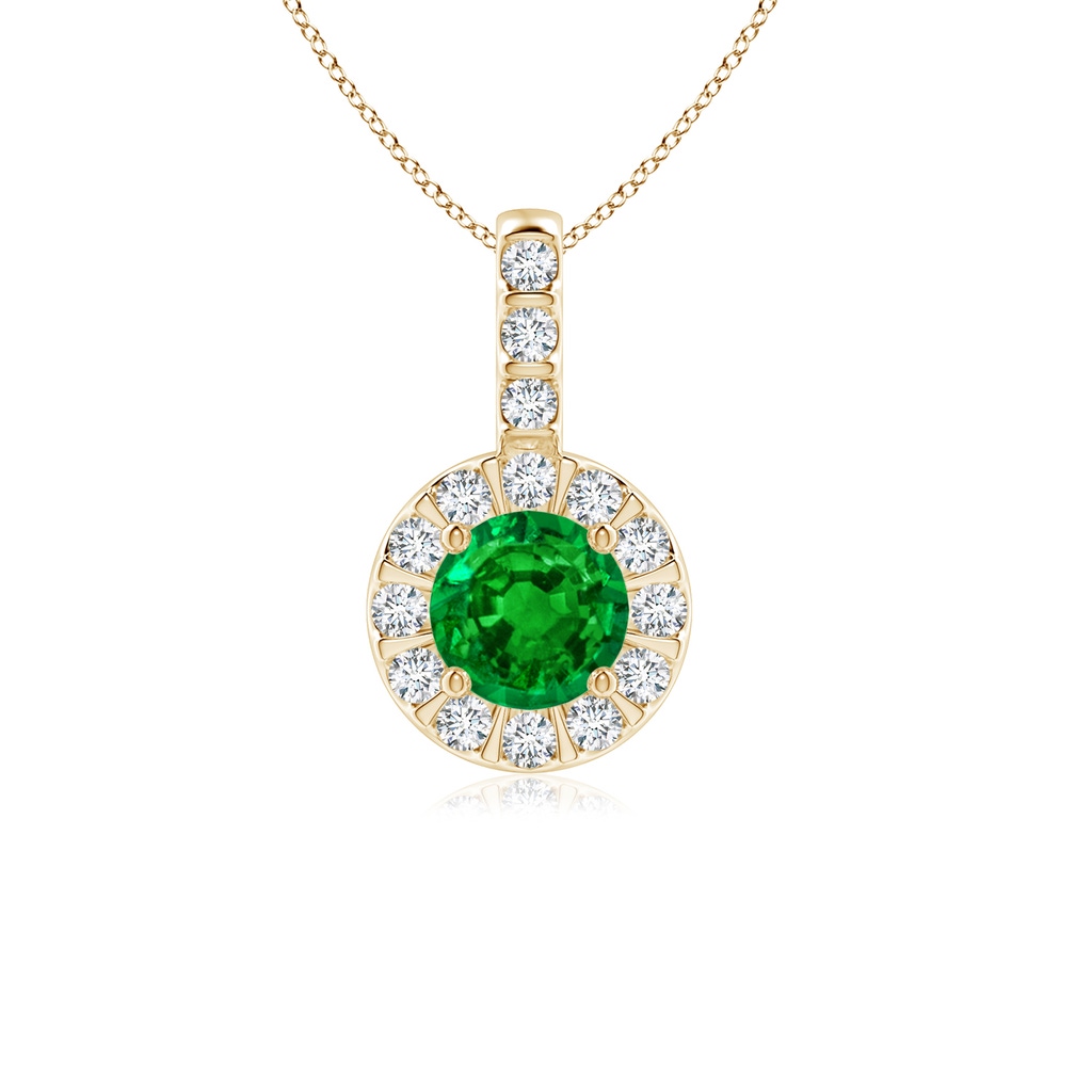 5mm AAAA Emerald Pendant with Bar-Set Diamond Halo in Yellow Gold 