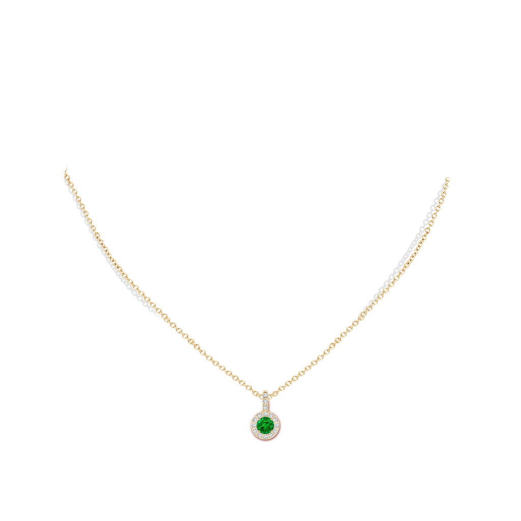 5mm AAAA Emerald Pendant with Bar-Set Diamond Halo in Yellow Gold Body-Neck