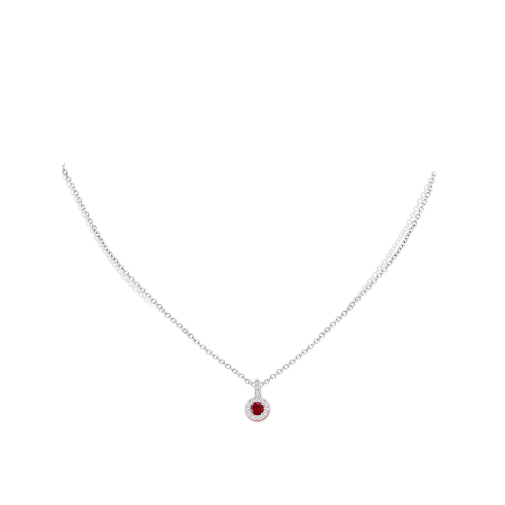 4mm AAAA Vintage Style Garnet and Diamond Halo Pendant in White Gold Body-Neck