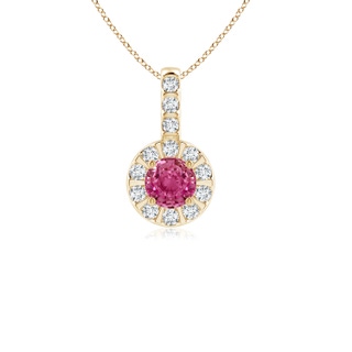 4mm AAAA Vintage Style Pink Sapphire and Diamond Halo Pendant in Yellow Gold
