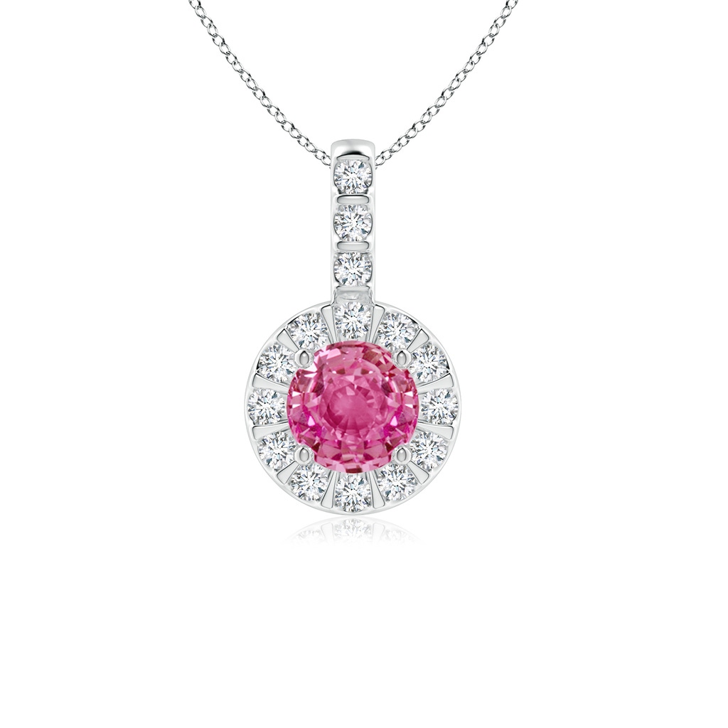 5mm AAA Vintage Style Pink Sapphire and Diamond Halo Pendant in White Gold