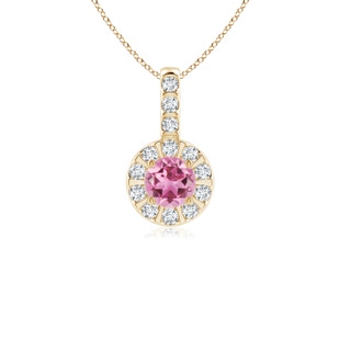 4mm AAA Vintage Style Pink Tourmaline and Diamond Halo Pendant in Yellow Gold