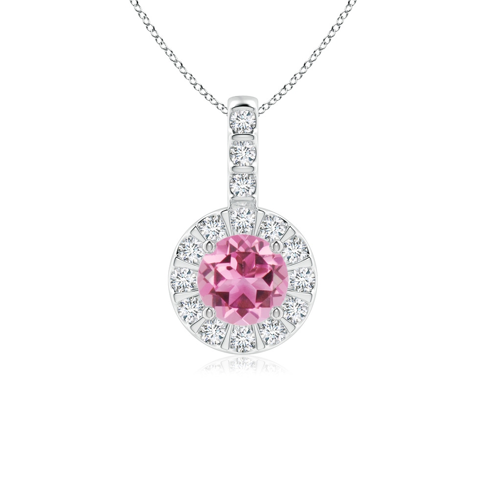 5mm AAA Vintage Style Pink Tourmaline and Diamond Halo Pendant in White Gold