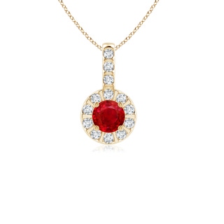 4mm AAA Ruby Pendant with Bar-Set Diamond Halo in Yellow Gold