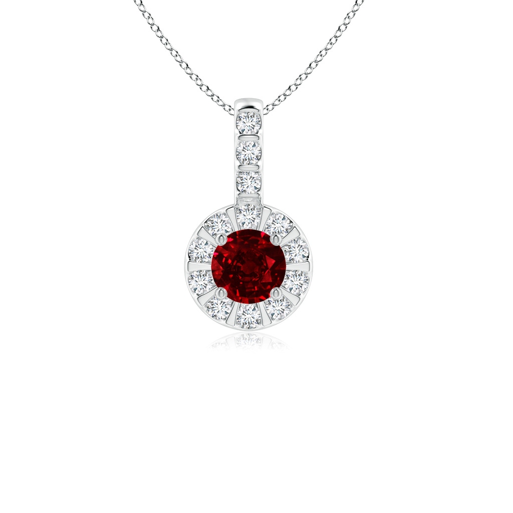 4mm AAAA Ruby Pendant with Bar-Set Diamond Halo in White Gold